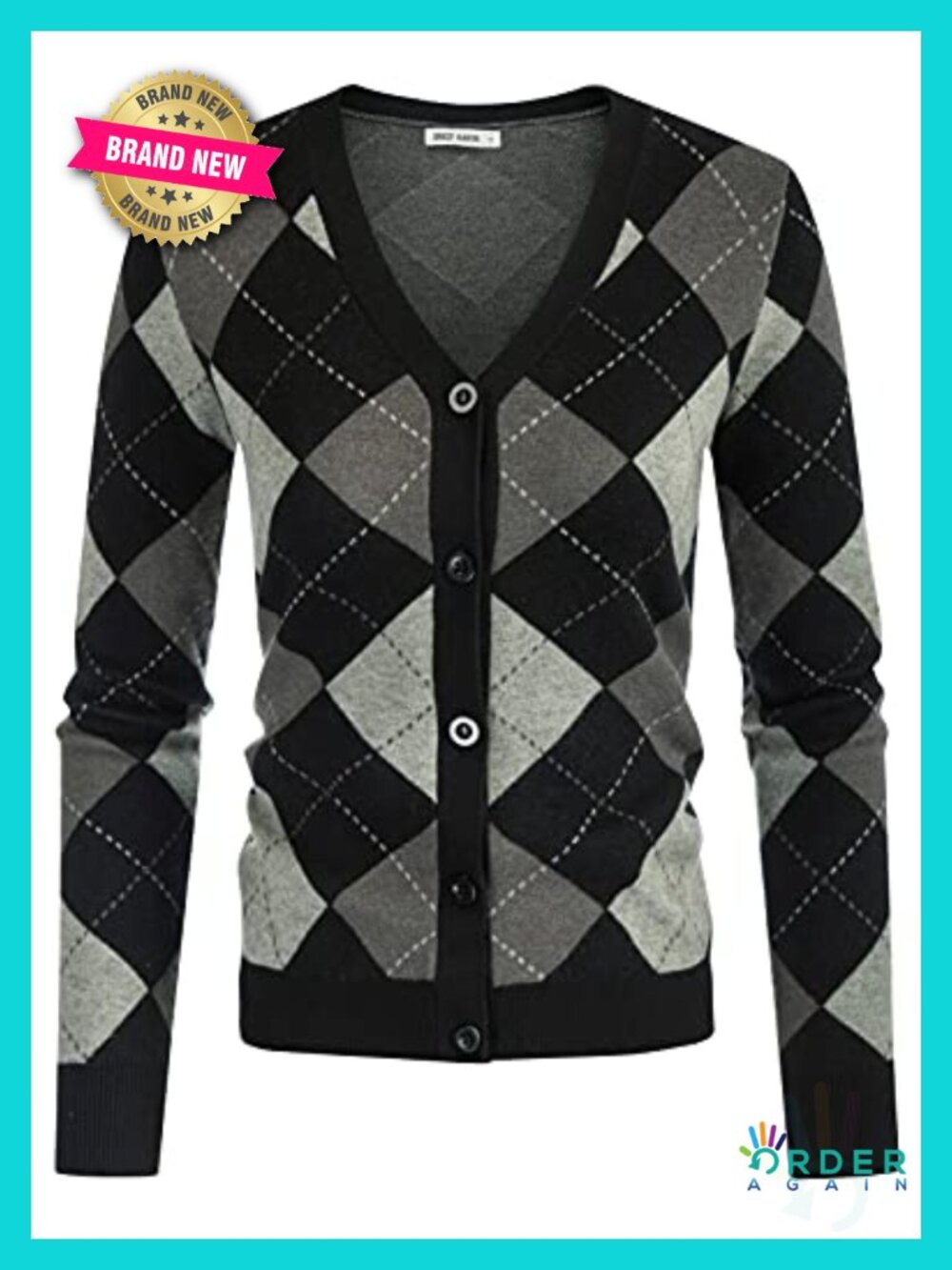 Women's Argyle Plaid Knit Button Down V-Neck Cardigan Sweater Slim Fit